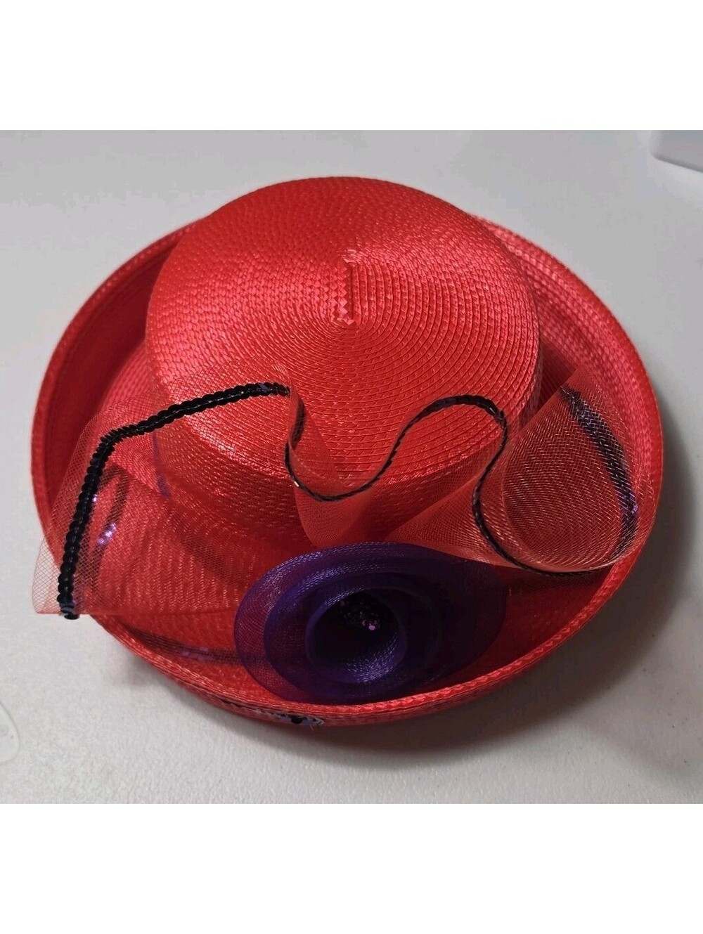 Red Hat Lady Kentucky Derby Fascinator Structured Flat Top Straw Hat with Mesh